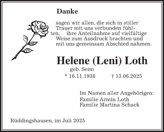 Traueranzeige von Helene Loth von Giessener Allgemeine, Alsfelder Allgemeine, Giessener Anzeiger