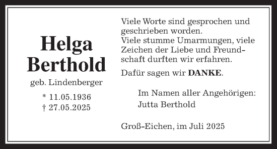 Traueranzeige von Helga Berthold von Mücker Stimme