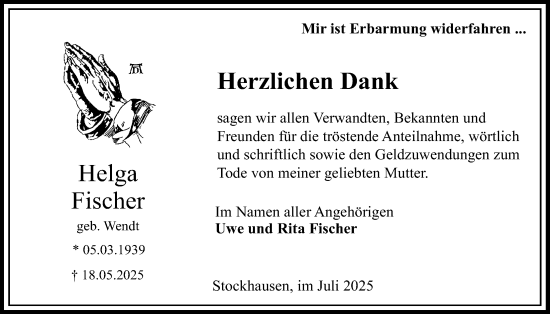 Traueranzeige von Helga Fischer von Lauterbacher Anzeiger