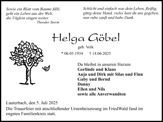 Traueranzeige von Helga Göbel von Lauterbacher Anzeiger