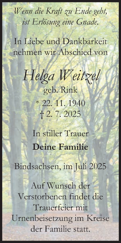 Traueranzeige von Helga Weitzel von Kreis-Anzeiger