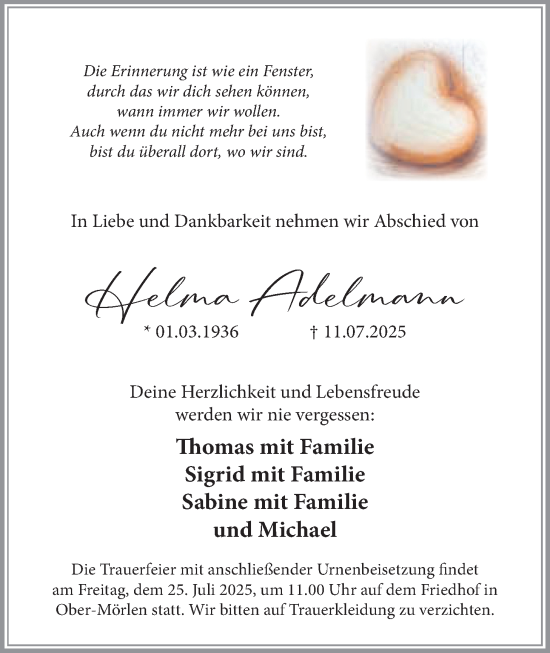 Traueranzeige von Helma Adelmann von Wetterauer Zeitung