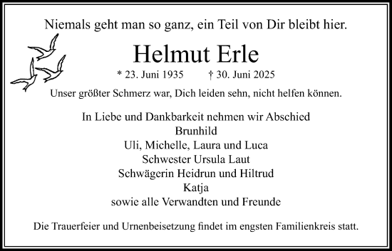 Traueranzeige von Helmut Erle von Usinger Anzeigenblatt