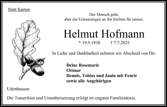 Traueranzeige von Helmut Hofmann von Oberhessische Zeitung