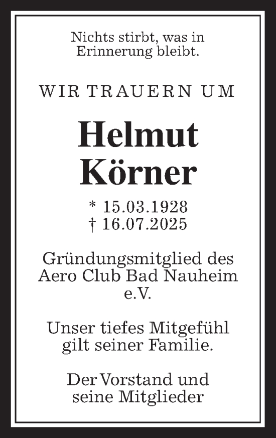 Traueranzeige von Helmut Körner von Wetterauer Zeitung