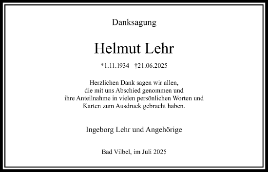 Traueranzeige von Helmut Lehr von Bad Vilbel/Karben