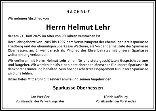 Traueranzeige von Helmut Lehr von Wetterauer Zeitung