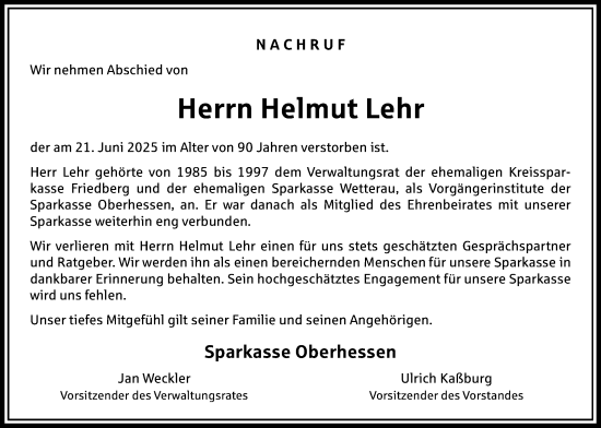 Traueranzeige von Helmut Lehr von Bad Vilbel/Karben