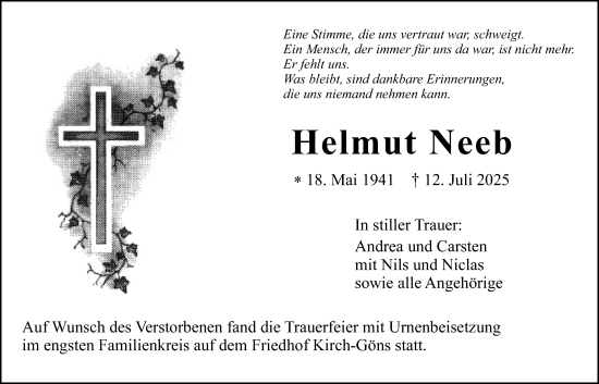 Traueranzeige von Helmut Neeb von Butzbacher Zeitung