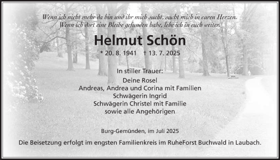 Traueranzeige von Helmut Schön von Oberhessische Zeitung, Alsfelder Allgemeine