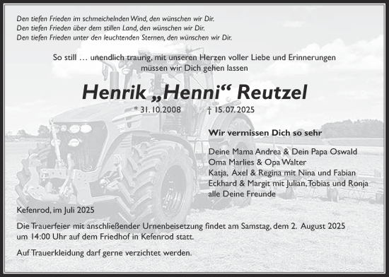 Traueranzeige von Henrik Reutzel von Kreis-Anzeiger