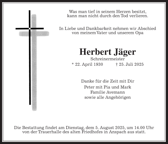 Traueranzeige von Herbert Jäger von Usinger Anzeiger