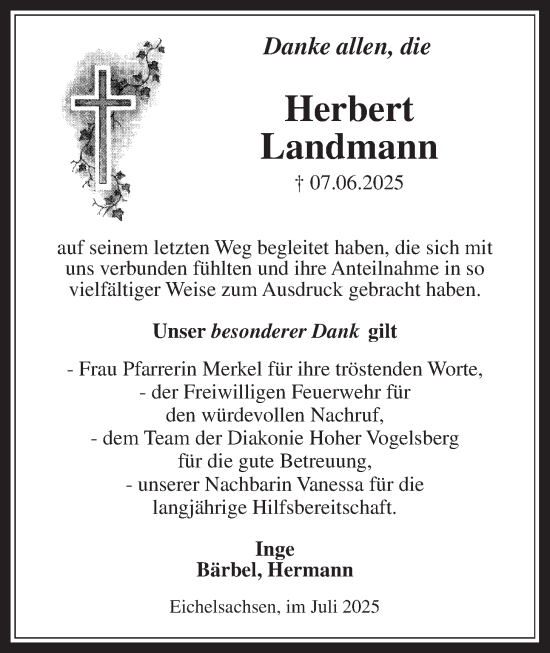 Traueranzeige von Herbert Landmann von Kreis-Anzeiger