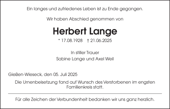 Traueranzeige von Herbert Lange von Giessener Allgemeine, Alsfelder Allgemeine