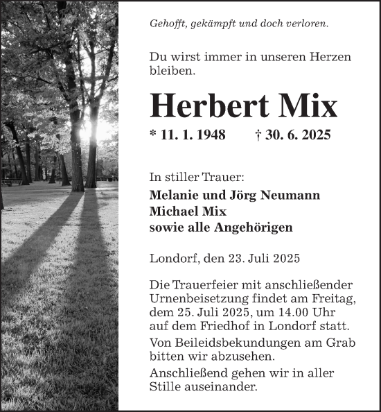 Traueranzeige von Herbert Mix von Giessener Allgemeine, Alsfelder Allgemeine