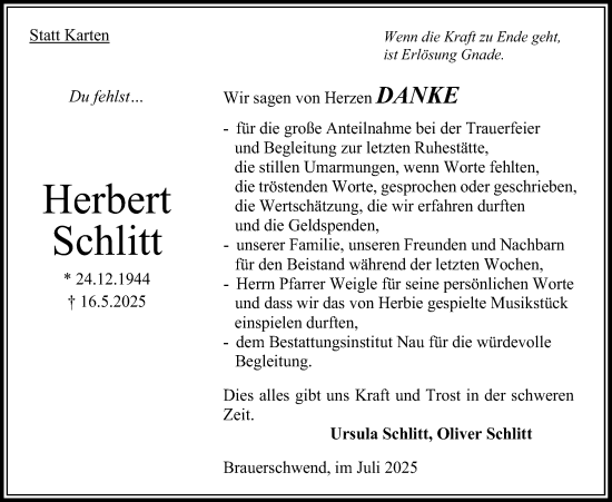 Traueranzeige von Herbert Schlitt von Oberhessische Zeitung