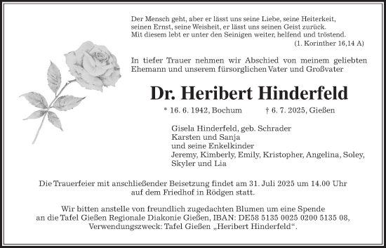 Traueranzeige von Heribert Hinderfeld von Giessener Allgemeine, Alsfelder Allgemeine