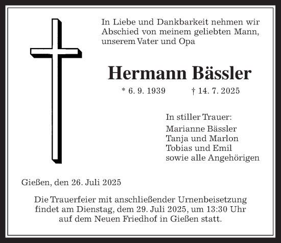Traueranzeige von Hermann Bässler von Giessener Allgemeine, Alsfelder Allgemeine