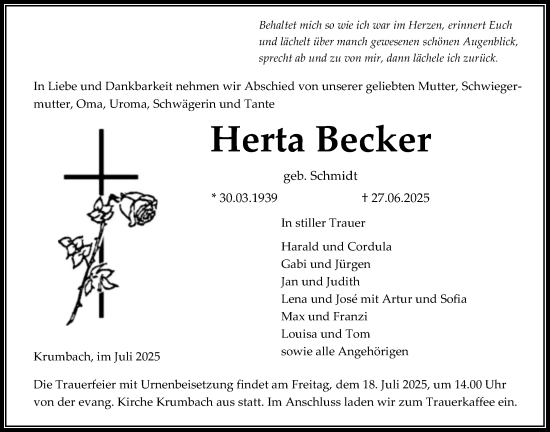 Traueranzeige von Herta Becker von Giessener Allgemeine, Alsfelder Allgemeine, Giessener Anzeiger