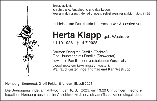 Traueranzeige von Herta Klapp von Oberhessische Zeitung, Alsfelder Allgemeine