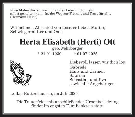 Traueranzeige von Herta Elisabeth Ott von Giessener Allgemeine, Alsfelder Allgemeine, Giessener Anzeiger