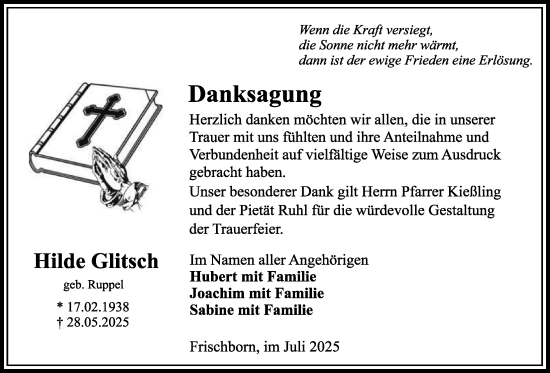 Traueranzeige von Hilde Glitsch von Lauterbacher Anzeiger