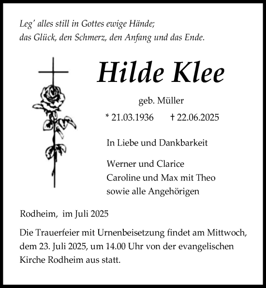 Traueranzeige von Hilde Klee von Giessener Allgemeine, Alsfelder Allgemeine