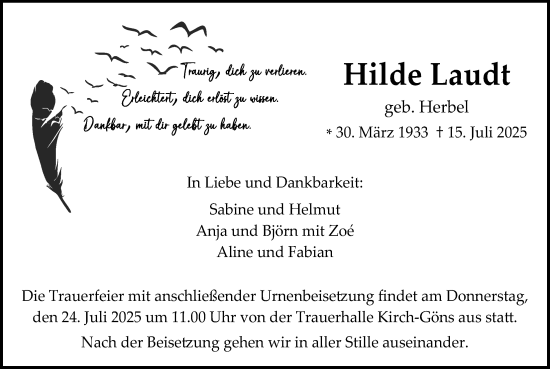 Traueranzeige von Hilde Laudt von Butzbacher Zeitung