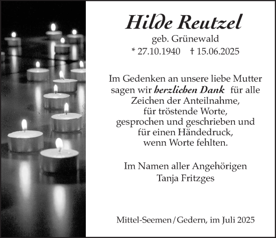 Traueranzeige von Hilde Reutzel von Kreis-Anzeiger