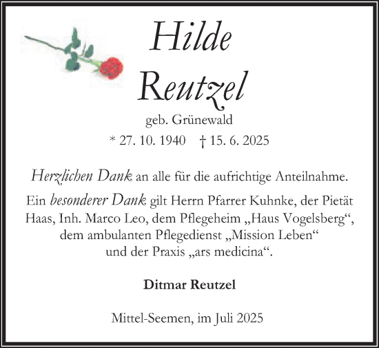 Traueranzeige von Hilde Reutzel von Kreis-Anzeiger