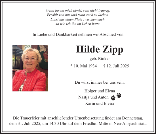Traueranzeige von Hilde Zipp von Usinger Anzeiger, Usinger Anzeigenblatt