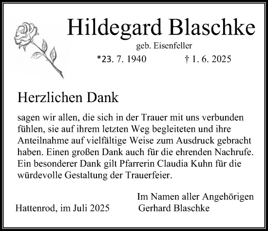 Traueranzeige von Hildegard Blaschke von Giessener Allgemeine, Alsfelder Allgemeine