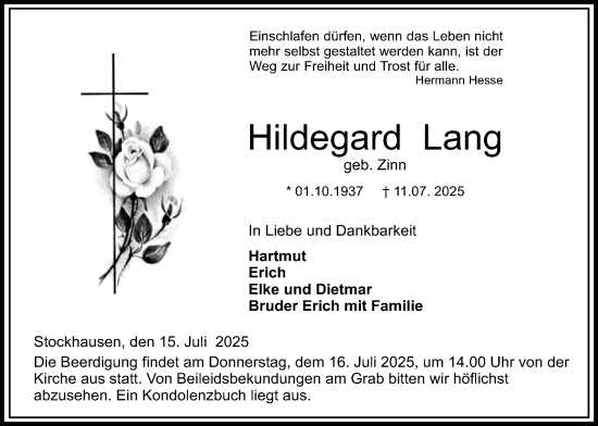 Traueranzeige von Hildegard Lang von Lauterbacher Anzeiger