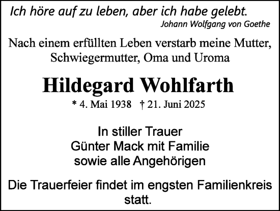 Traueranzeige von Hildegard Wohlfarth von Butzbacher Zeitung