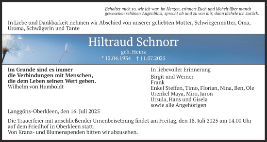 Traueranzeige von Hiltraud Schnorr von Butzbacher Zeitung