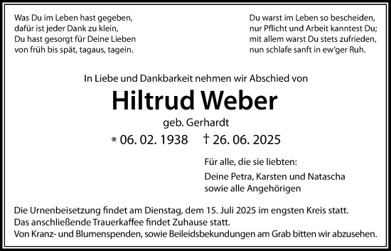 Traueranzeige von Hiltrud Weber von Licher Wochenblatt