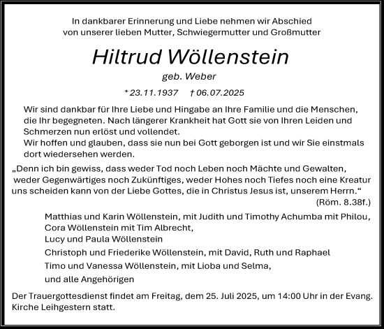 Traueranzeige von Hiltrud Wöllenstein von Giessener Anzeiger, Giessener Allgemeine, Alsfelder Allgemeine