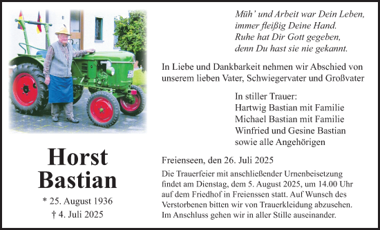 Traueranzeige von Horst Bastian von Giessener Allgemeine, Alsfelder Allgemeine, Giessener Anzeiger