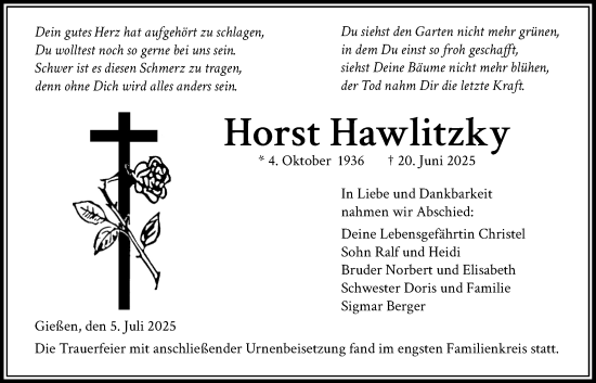 Traueranzeige von Horst Hawlitzky von Giessener Allgemeine, Alsfelder Allgemeine