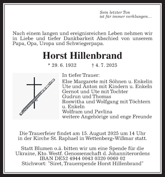 Traueranzeige von Horst Hillenbrand von Wetterauer Zeitung, Giessener Allgemeine, Alsfelder Allgemeine