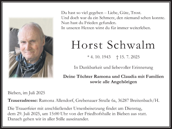 Traueranzeige von Horst Schwalm von Oberhessische Zeitung