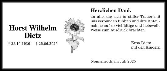 Traueranzeige von Horst Wilhelm Dietz von Licher Wochenblatt