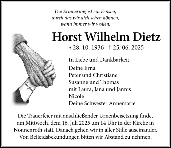 Traueranzeige von Horst Wilhelm Dietz von Giessener Allgemeine, Alsfelder Allgemeine