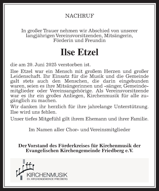 Traueranzeige von Ilse Etzel von Wetterauer Zeitung