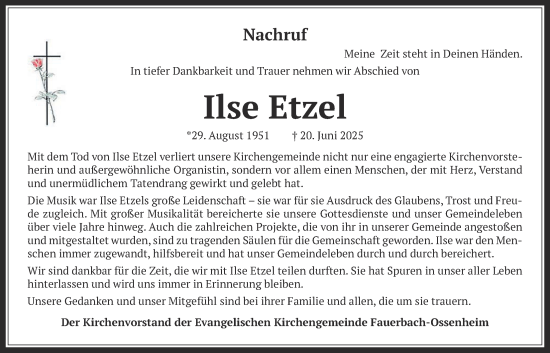 Traueranzeige von Ilse Etzel von Wetterauer Zeitung