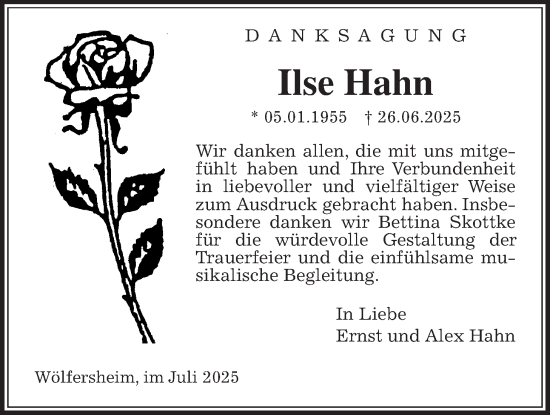 Traueranzeige von Ilse Hahn von Wetterauer Zeitung
