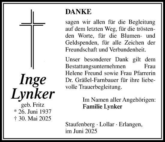 Traueranzeige von Inge Lynker von Giessener Allgemeine, Alsfelder Allgemeine