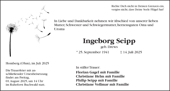 Traueranzeige von Ingeborg Seipp von Giessener Allgemeine, Alsfelder Allgemeine