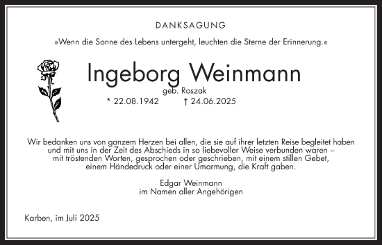 Traueranzeige von Ingeborg Weinmann von Bad Vilbel/Karben