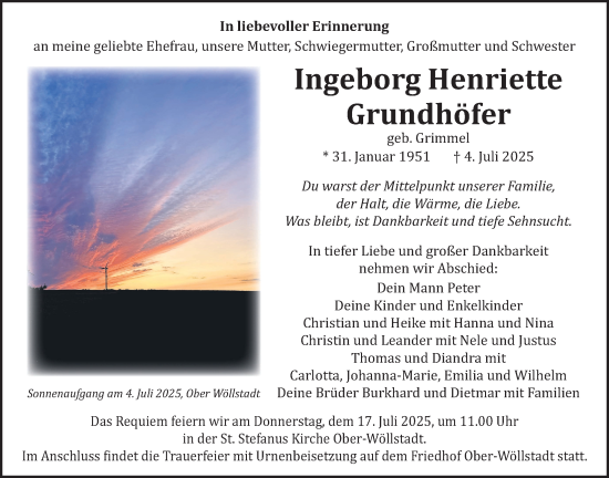 Traueranzeige von Ingeborg Henriette Grundhöfer von Wetterauer Zeitung